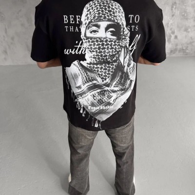 Erkek Kısa Kol Tişört Bisiklet Yaka Filistin Poşulu Baskılı T-Shirt - Siyah