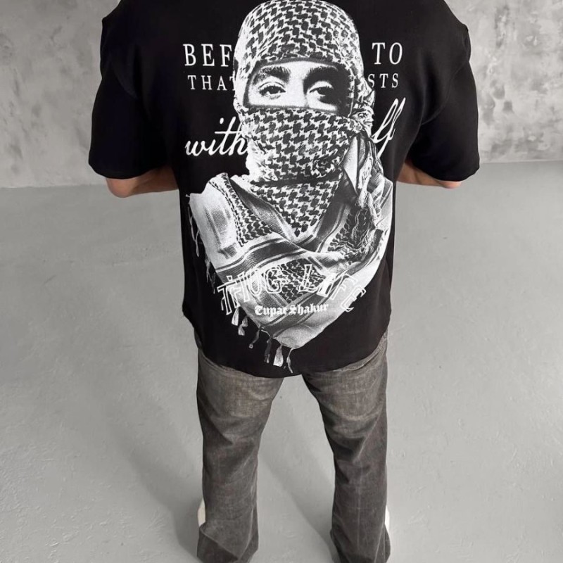 Erkek Kısa Kol Tişört Bisiklet Yaka Filistin Poşulu Baskılı T-Shirt - Siyah