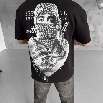 Erkek Kısa Kol Tişört Bisiklet Yaka Filistin Poşulu Baskılı T-Shirt - Siyah