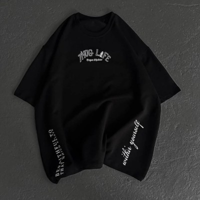 Erkek Kısa Kol Tişört Bisiklet Yaka Filistin Poşulu Baskılı T-Shirt - Siyah