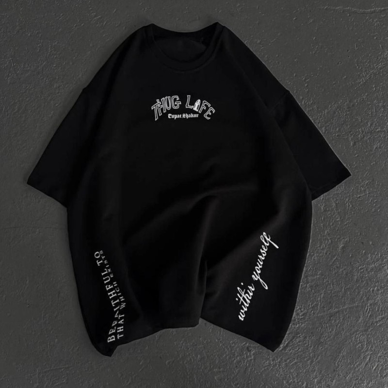 Erkek Kısa Kol Tişört Bisiklet Yaka Filistin Poşulu Baskılı T-Shirt - Siyah