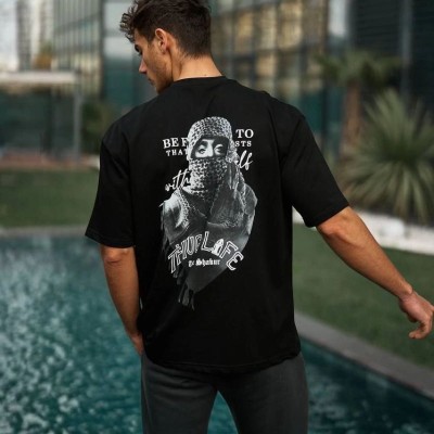 Erkek Kısa Kol Tişört Bisiklet Yaka Filistin Poşulu Baskılı T-Shirt - Siyah