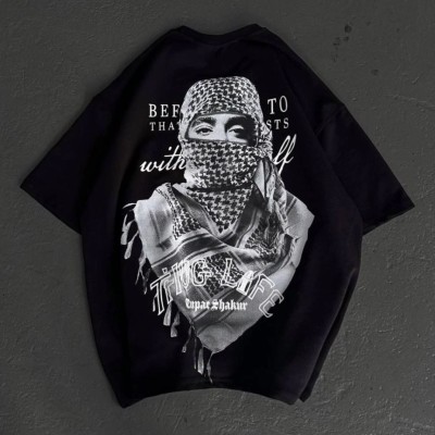 Erkek Kısa Kol Tişört Bisiklet Yaka Filistin Poşulu Baskılı T-Shirt - Siyah