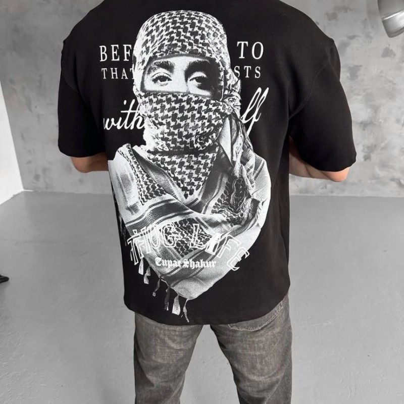 Erkek Kısa Kol Tişört Bisiklet Yaka Filistin Poşulu Baskılı T-Shirt - Siyah