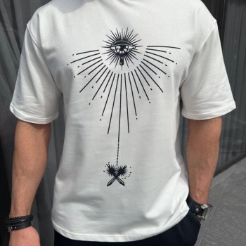 Erkek Kısa Kol Tişört Bisiklet Yaka GÜL Baskılı Oversize T-Shirt - Beyaz
