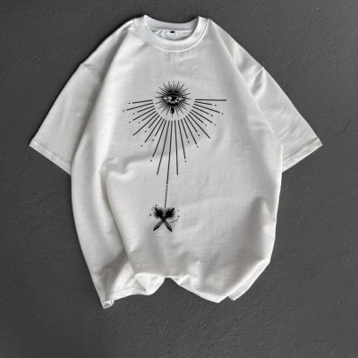 Erkek Kısa Kol Tişört Bisiklet Yaka GÜL Baskılı Oversize T-Shirt - Beyaz