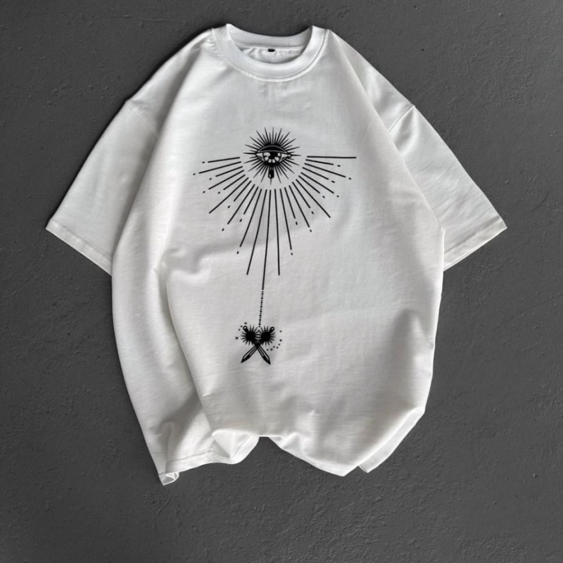 Erkek Kısa Kol Tişört Bisiklet Yaka GÜL Baskılı Oversize T-Shirt - Beyaz