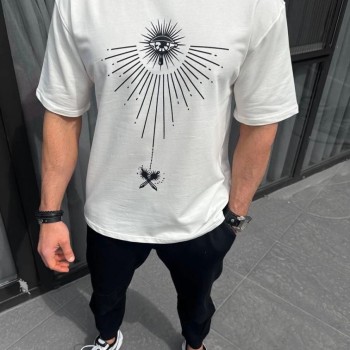 Erkek Kısa Kol Tişört Bisiklet Yaka GÜL Baskılı Oversize T-Shirt - Beyaz