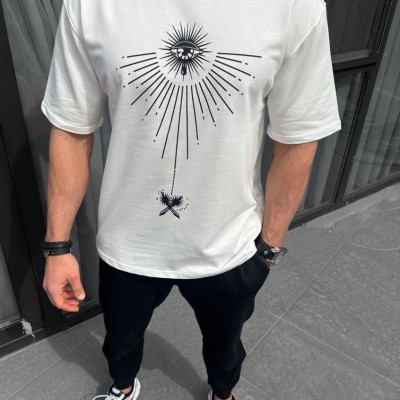 Erkek Kısa Kol Tişört Bisiklet Yaka GÜL Baskılı Oversize T-Shirt - Beyaz