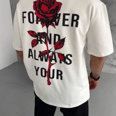 Erkek Kısa Kol Tişört Bisiklet Yaka GÜL Baskılı Oversize T-Shirt - Beyaz