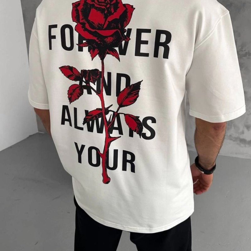 Erkek Kısa Kol Tişört Bisiklet Yaka GÜL Baskılı Oversize T-Shirt - Beyaz
