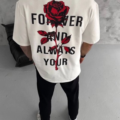 Erkek Kısa Kol Tişört Bisiklet Yaka GÜL Baskılı Oversize T-Shirt - Beyaz