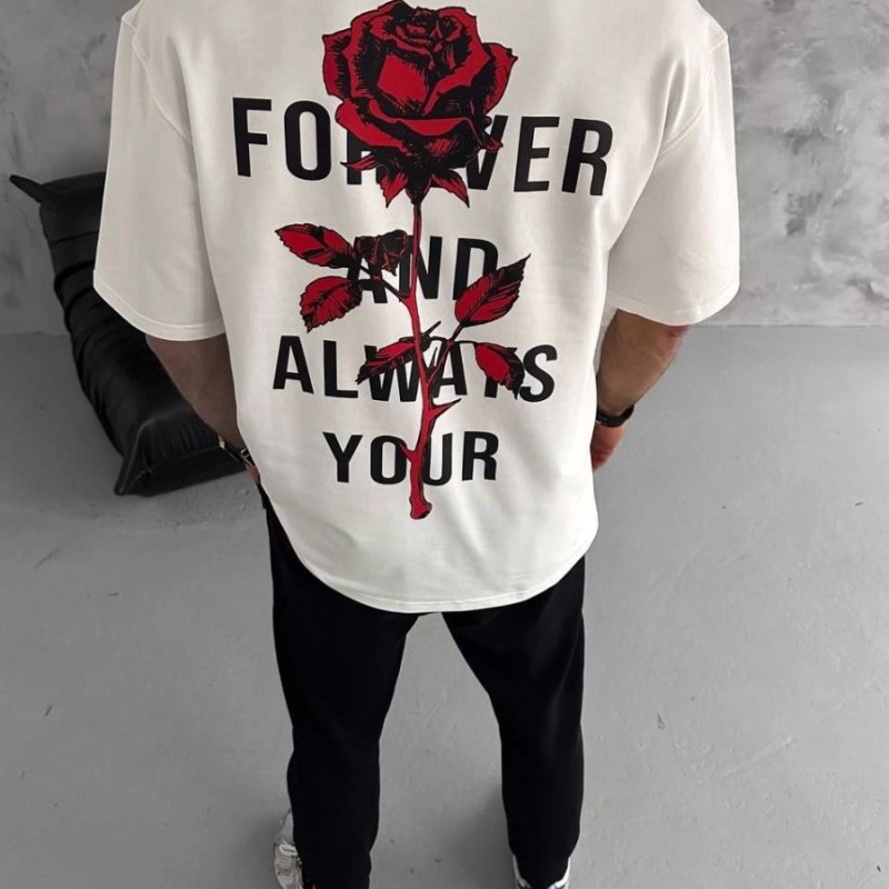 Erkek Kısa Kol Tişört Bisiklet Yaka GÜL Baskılı Oversize T-Shirt - Beyaz
