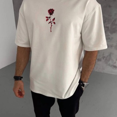 Erkek Kısa Kol Tişört Bisiklet Yaka GÜL Baskılı Oversize T-Shirt - Beyaz