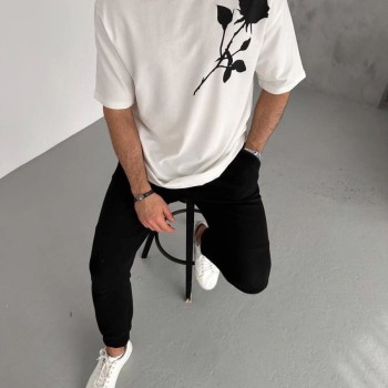 Erkek Kısa Kol Tişört Bisiklet Yaka GÜL Baskılı Oversize T-Shirt - Beyaz