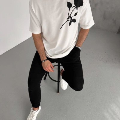 Erkek Kısa Kol Tişört Bisiklet Yaka GÜL Baskılı Oversize T-Shirt - Beyaz