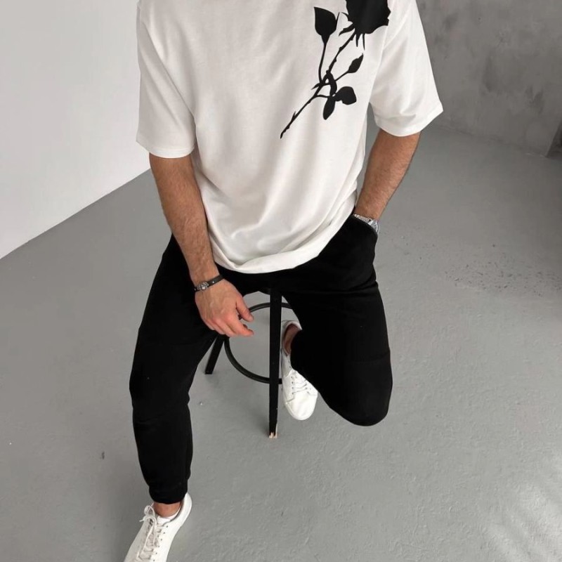 Erkek Kısa Kol Tişört Bisiklet Yaka GÜL Baskılı Oversize T-Shirt - Beyaz