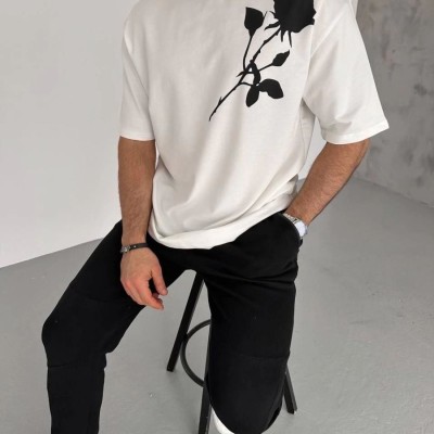 Erkek Kısa Kol Tişört Bisiklet Yaka GÜL Baskılı Oversize T-Shirt - Beyaz