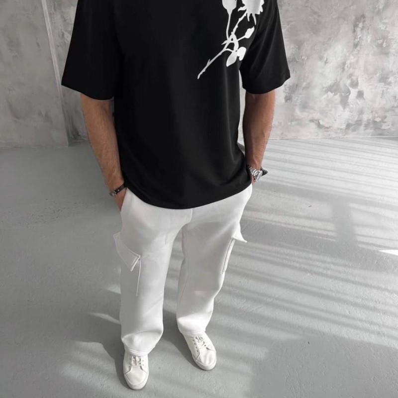 Erkek Kısa Kol Tişört Bisiklet Yaka GÜL Baskılı Oversize T-Shirt - Siyah