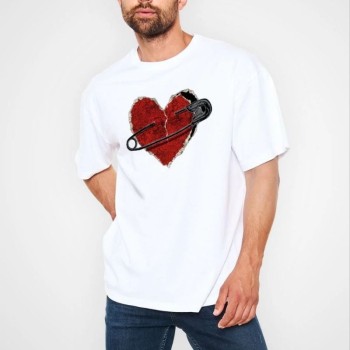 Erkek Kısa Kol Tişört Bisiklet Yaka KALP Baskılı Oversize T-Shirt - Beyaz