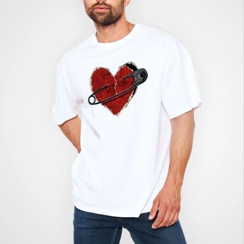 Erkek Kısa Kol Tişört Bisiklet Yaka KALP Baskılı Oversize T-Shirt - Beyaz