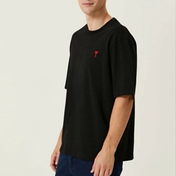 Erkek Kısa Kol Tişört Bisiklet Yaka KALP Baskılı Oversize T-Shirt - Siyah