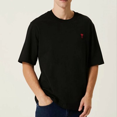 Erkek Kısa Kol Tişört Bisiklet Yaka KALP Baskılı Oversize T-Shirt - Siyah