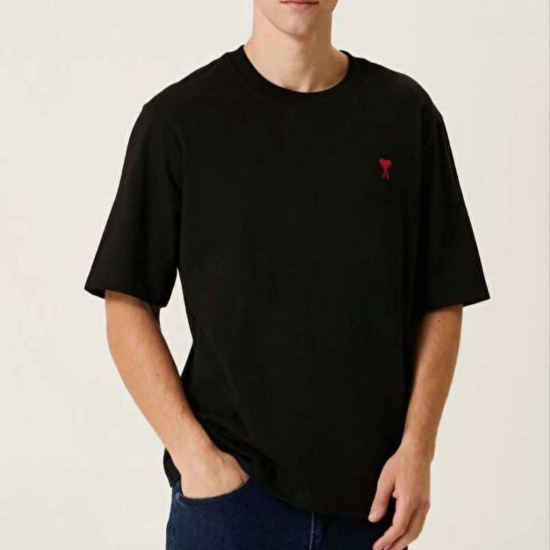 Erkek Kısa Kol Tişört Bisiklet Yaka KALP Baskılı Oversize T-Shirt - Siyah
