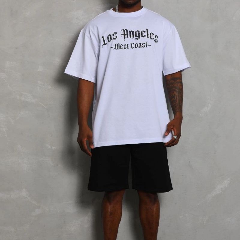 Erkek Kısa Kol Tişört Bisiklet Yaka KANAT Baskılı Oversize T-Shirt - Beyaz