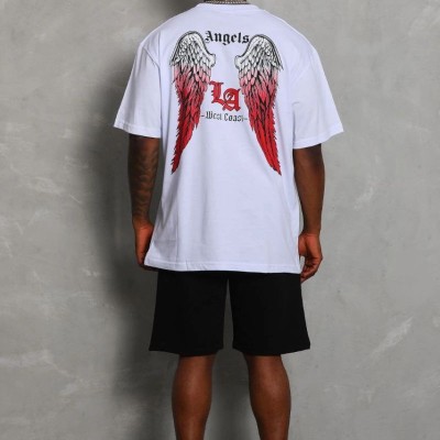 Erkek Kısa Kol Tişört Bisiklet Yaka KANAT Baskılı Oversize T-Shirt - Beyaz