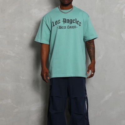 Erkek Kısa Kol Tişört Bisiklet Yaka KANAT Baskılı Oversize T-Shirt - Mint Yeşili