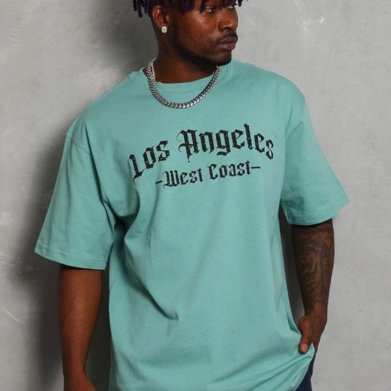 Erkek Kısa Kol Tişört Bisiklet Yaka KANAT Baskılı Oversize T-Shirt - Mint Yeşili
