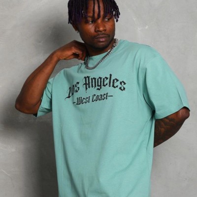 Erkek Kısa Kol Tişört Bisiklet Yaka KANAT Baskılı Oversize T-Shirt - Mint Yeşili