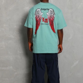Erkek Kısa Kol Tişört Bisiklet Yaka KANAT Baskılı Oversize T-Shirt - Mint Yeşili