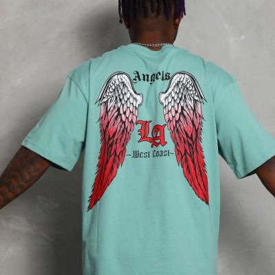 Erkek Kısa Kol Tişört Bisiklet Yaka KANAT Baskılı Oversize T-Shirt - Mint Yeşili
