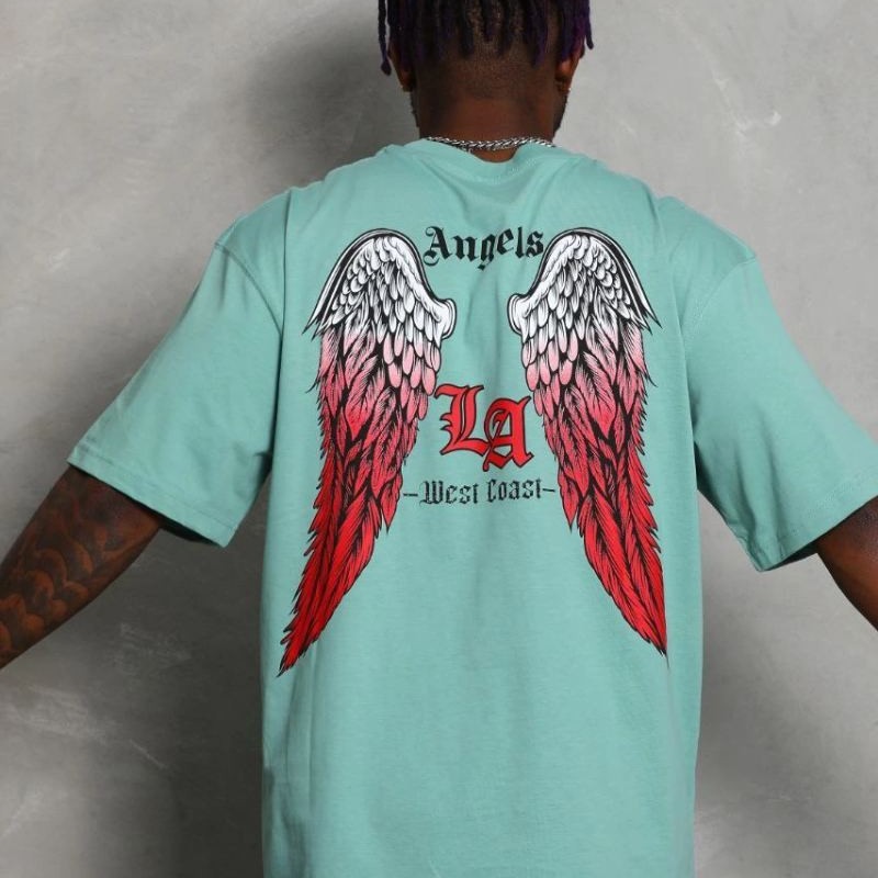 Erkek Kısa Kol Tişört Bisiklet Yaka KANAT Baskılı Oversize T-Shirt - Mint Yeşili