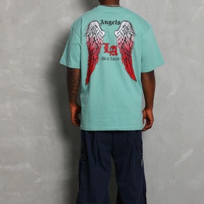 Erkek Kısa Kol Tişört Bisiklet Yaka KANAT Baskılı Oversize T-Shirt - Mint Yeşili