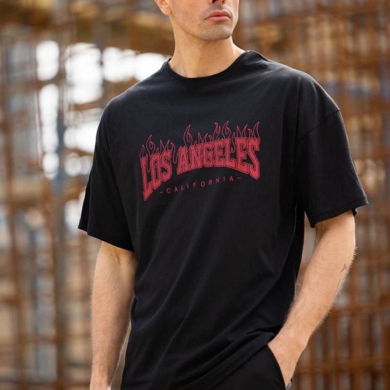Erkek Kısa Kol Tişört Bisiklet Yaka LOS ANGELES  Baskılı T-Shirt - Siyah