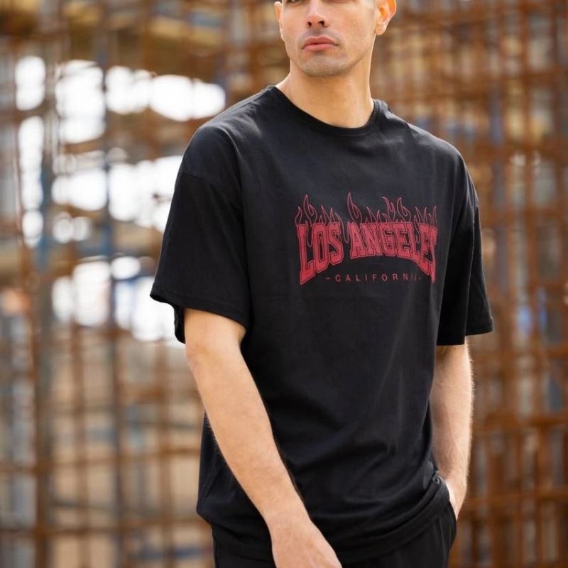 Erkek Kısa Kol Tişört Bisiklet Yaka LOS ANGELES  Baskılı T-Shirt - Siyah