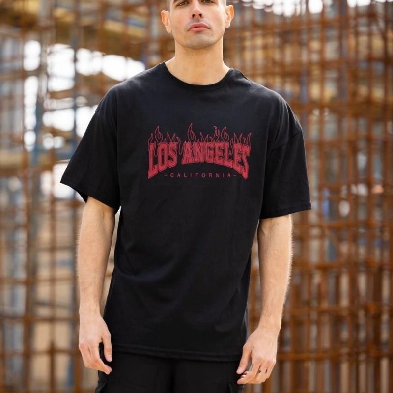 Erkek Kısa Kol Tişört Bisiklet Yaka LOS ANGELES  Baskılı T-Shirt - Siyah