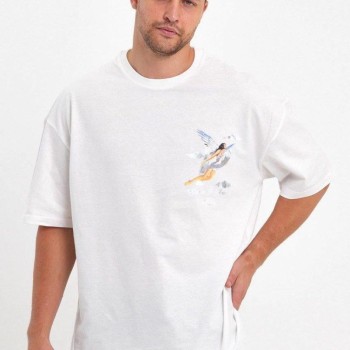 Erkek Kısa Kol Tişört Bisiklet Yaka MELEK Baskılı Oversize T-Shirt - Beyaz