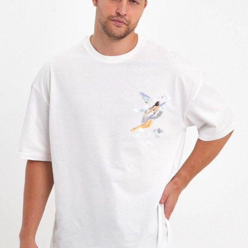 Erkek Kısa Kol Tişört Bisiklet Yaka MELEK Baskılı Oversize T-Shirt - Beyaz