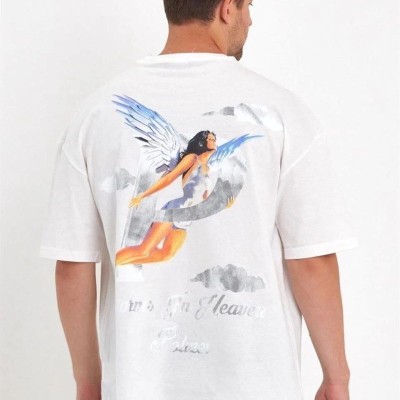 Erkek Kısa Kol Tişört Bisiklet Yaka MELEK Baskılı Oversize T-Shirt - Beyaz