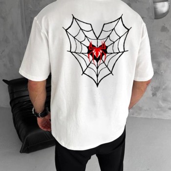 Erkek Kısa Kol Tişört Bisiklet Yaka ÖRÜMCEK Baskılı Oversize T-Shirt - Beyaz