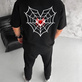 Erkek Kısa Kol Tişört Bisiklet Yaka ÖRÜMCEK Baskılı Oversize T-Shirt - Siyah