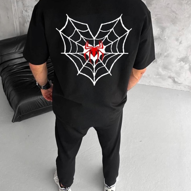 Erkek Kısa Kol Tişört Bisiklet Yaka ÖRÜMCEK Baskılı Oversize T-Shirt - Siyah