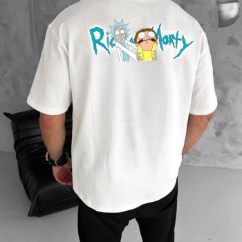 Erkek Kısa Kol Tişört Bisiklet Yaka RİCK AND MORTY Baskılı T-Shirt - Beyaz