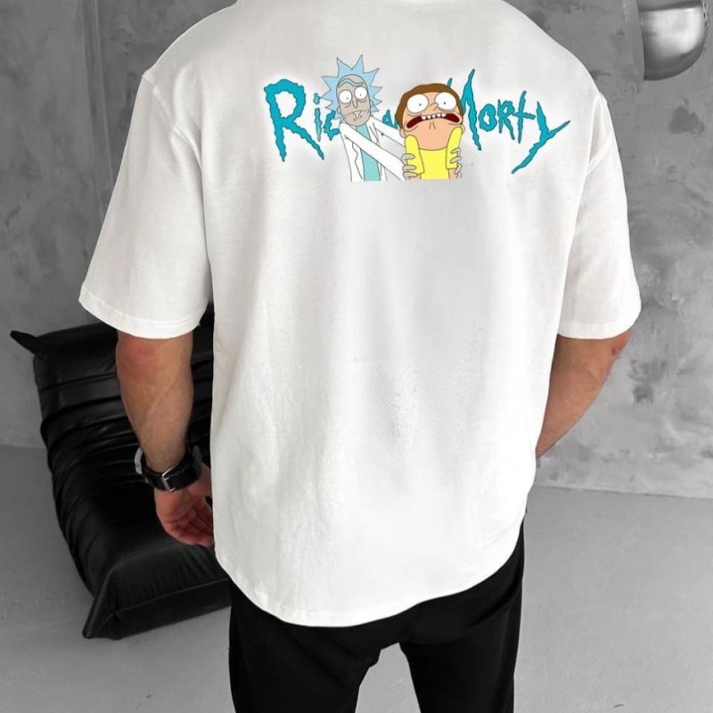 Erkek Kısa Kol Tişört Bisiklet Yaka RİCK AND MORTY Baskılı T-Shirt - Beyaz
