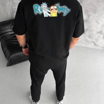 Erkek Kısa Kol Tişört Bisiklet Yaka RİCK AND MORTY Baskılı T-Shirt - Siyah