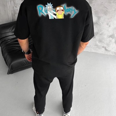 Erkek Kısa Kol Tişört Bisiklet Yaka RİCK AND MORTY Baskılı T-Shirt - Siyah